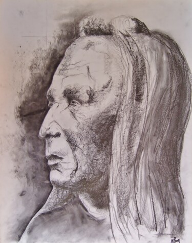 Drawing titled "Vieux chef indien" by Marie-Pierre Jan, Original Artwork, Pencil