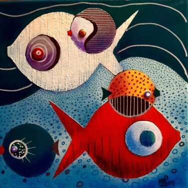 Peinture intitulée "Famille poisson" par Marie-Pierre Jan, Œuvre d'art originale, Acrylique Monté sur Châssis en bois