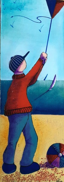 Painting titled "L'enfant au cerf vo…" by Marie-Pierre Jan, Original Artwork, Acrylic Mounted on Wood Stretcher frame