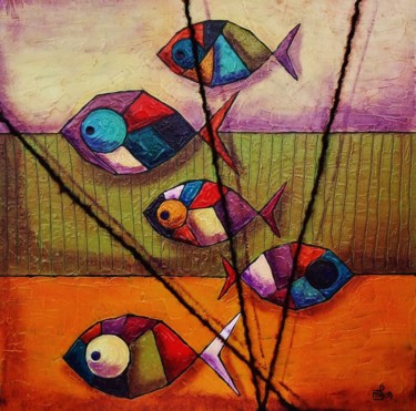 Painting titled "poissons-1" by Marie-Pierre Jan, Original Artwork, Acrylic