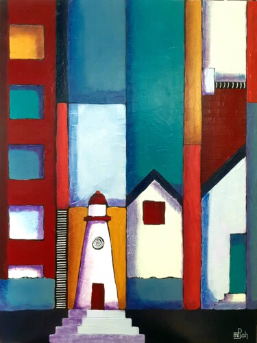 Painting titled "Les cabines 6" by Marie-Pierre Jan, Original Artwork, Acrylic Mounted on Wood Stretcher frame