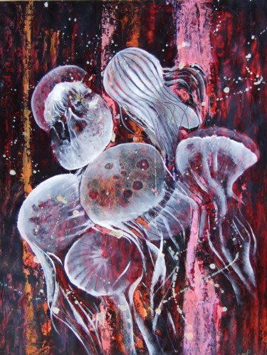 Peinture intitulée "La dense des méduses" par Marie-Pierre Jan, Œuvre d'art originale, Huile