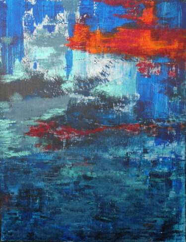 Painting titled "Grand Paysage Bleu…" by Marie Régy, Original Artwork, Acrylic Mounted on Wood Stretcher frame