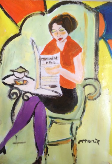 Картина под названием "News and coffee" - Marie Rouach, Подлинное произведение искусства