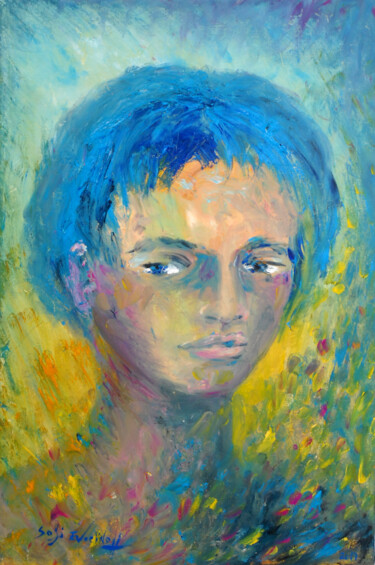 Painting titled "Visage en bleu, cha…" by Marie-Sophie Ewreïnoff (Sofi Ewreïnoff), Original Artwork, Oil