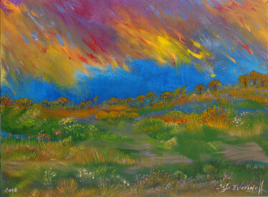Peinture intitulée "Paysage au ciel vio…" par Marie-Sophie Ewreïnoff (Sofi Ewreïnoff), Œuvre d'art originale, Acrylique