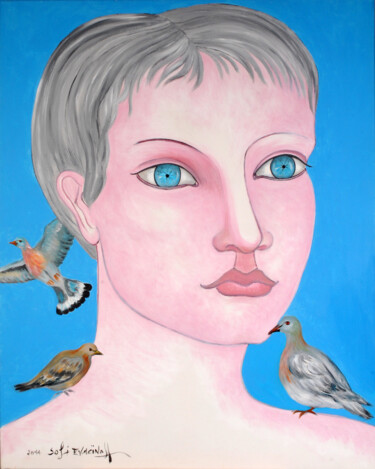 Painting titled "Déva aux pigeons" by Marie-Sophie Ewreïnoff (Sofi Ewreïnoff), Original Artwork, Acrylic