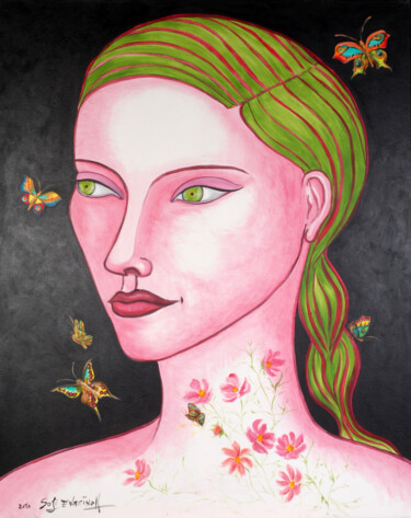 Malerei mit dem Titel "Déva aux papillons" von Marie-Sophie Ewreïnoff (Sofi Ewreïnoff), Original-Kunstwerk, Acryl
