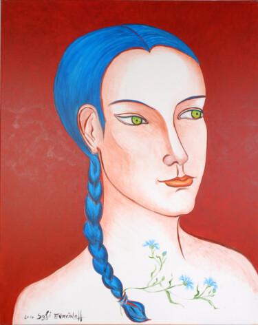 Painting titled "Déva aux bleuets" by Marie-Sophie Ewreïnoff (Sofi Ewreïnoff), Original Artwork, Acrylic