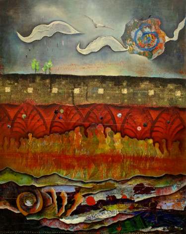 Malerei mit dem Titel "AU LOIN GRONDE L'OR…" von Marie Bazin, Original-Kunstwerk, Acryl