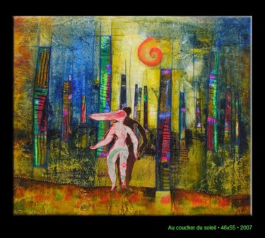 Painting titled "AU COUCHER DU SOLEIL" by Marie Bazin, Original Artwork, Acrylic Mounted on Wood Stretcher frame