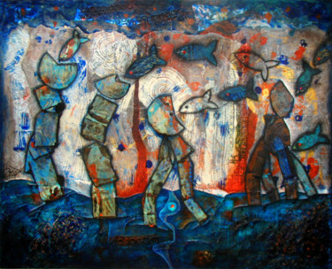 「LES JOUEURS」というタイトルの絵画 Marie Bazinによって, オリジナルのアートワーク, アクリル ウッドストレッチャーフレームにマウント