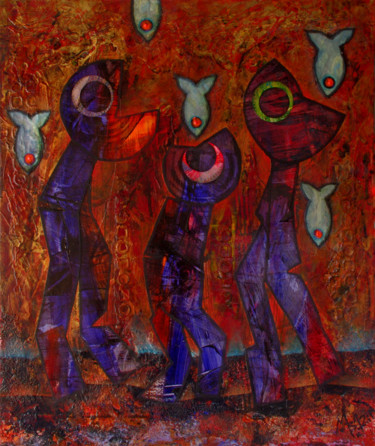 Painting titled "LES FLAMBEURS" by Marie Bazin, Original Artwork, Acrylic Mounted on Wood Stretcher frame