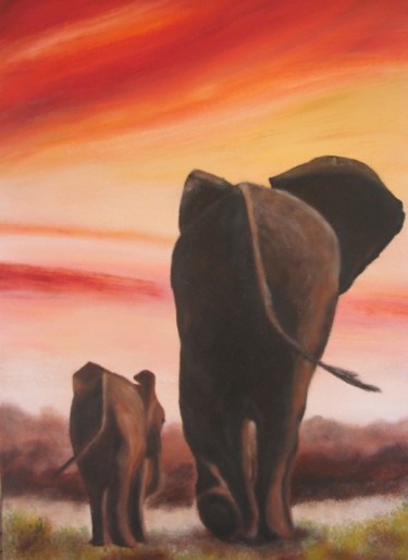 Peinture intitulée "éléphants" par Marie-Christine Cottarel, Œuvre d'art originale