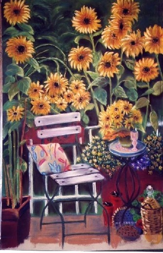 Peinture intitulée "la terrasse aux sol…" par Marie Claude Ramain, Œuvre d'art originale