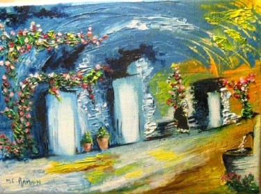 Painting titled "un soir au village" by Marie Claude Ramain, Original Artwork
