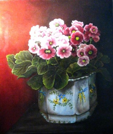 Peinture intitulée "le pot de primevères" par Marie Claude Ramain, Œuvre d'art originale