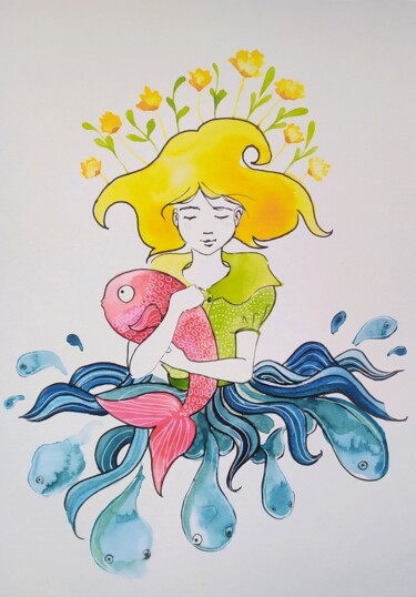 Drawing titled "Mon poisson rouge" by Marie B., Original Artwork, Watercolor