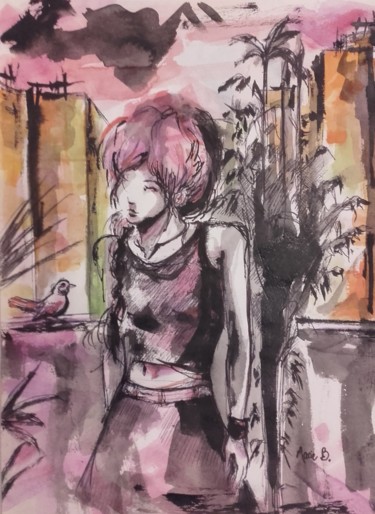 Painting titled "woman in the city" by Marie B., Original Artwork, Gouache