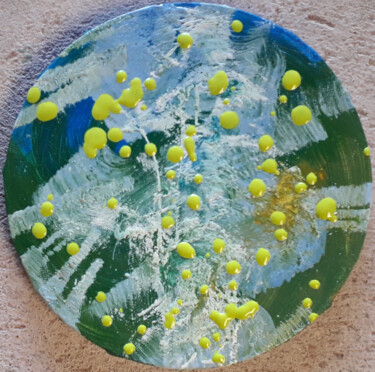 Painting titled "Planète mimosas" by Marie Edmée Séguin, Original Artwork, Acrylic Mounted on Wood Stretcher frame