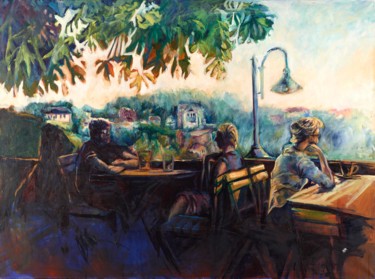 Peinture intitulée "Terrasse à l'ombre" par Marie-France Krähenbühl, Œuvre d'art originale, Huile