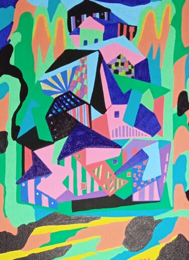 Картина под названием "Village 5" - Marie-José Sintes, Подлинное произведение искусства, Акрил