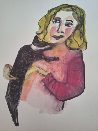 Zeichnungen mit dem Titel "Selfportrait with c…" von Marieke Janssen, Original-Kunstwerk, Tinte