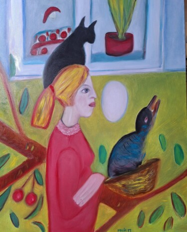 Painting titled "Daar is de lente" by Marieke Janssen, Original Artwork, Oil Mounted on Wood Stretcher frame