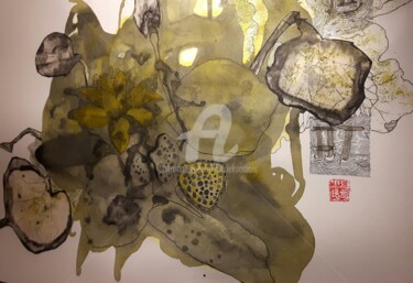 Peinture intitulée "Feuille de Lotus" par Mariekverbois, Œuvre d'art originale, Encre