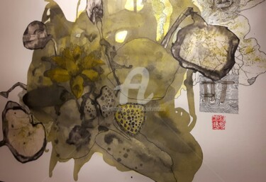 Painting titled "Feuille de Lotus" by Mariekverbois, Original Artwork, Ink