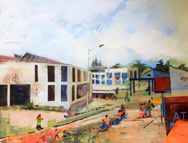 Peinture intitulée "Village d'Afrique" par Mariekverbois, Œuvre d'art originale, Acrylique