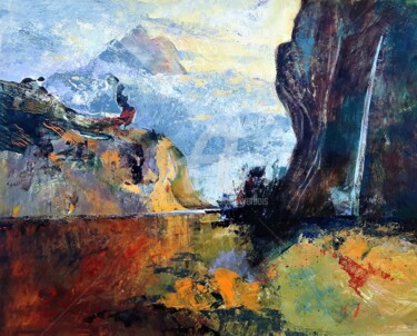 Painting titled "Paysage de lac" by Mariekverbois, Original Artwork, Acrylic