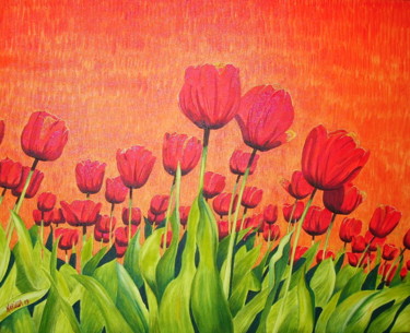 Painting titled "tulipes-rouges-a-l-…" by Mariela Piccamiglio González, Original Artwork, Oil