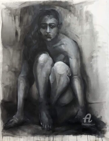 Pittura intitolato "Agazapada/ Crouched" da Mariela Monges Aréjola, Opera d'arte originale, Acrilico