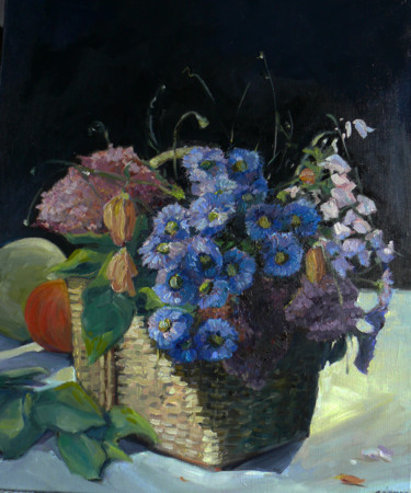 Painting titled "fleurs bleues" by Marieline Gerard, Original Artwork, Oil