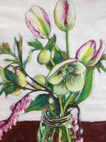 Painting titled "Tulipes, Hélébores…" by Marielle Robichaud, Original Artwork, Acrylic