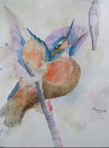 Painting titled "Kingfisher" by Mariëlle Van Woudenberg, Original Artwork, Watercolor