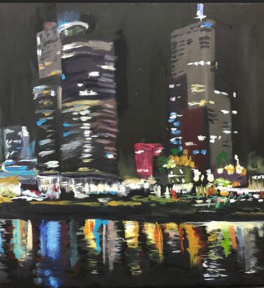 Malarstwo zatytułowany „Rotterdam by night” autorstwa Mariëlle Van Woudenberg, Oryginalna praca, Olej