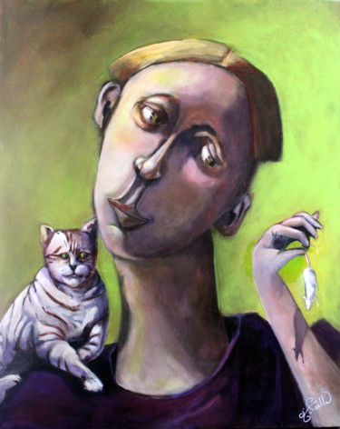 Painting titled "Le chat et la souris" by Marie-Noëlle Lapouge, Original Artwork, Acrylic Mounted on Wood Stretcher frame