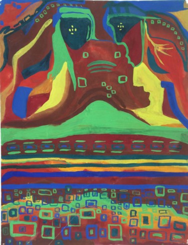 Malerei mit dem Titel "Le bouddha de Bamyan" von Nouge, Original-Kunstwerk, Gouache