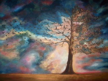 Painting titled "l'arbre aux oiseaux" by Marie Petiot (MaKi), Original Artwork, Oil