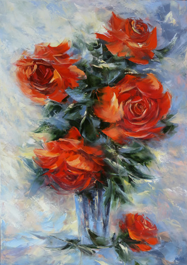 Painting titled "Still life red rose…" by Janna, Original Artwork, Oil Mounted on Wood Stretcher frame