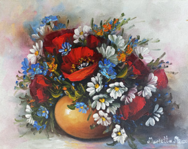 Painting titled "Field flowers with…" by Janna, Original Artwork, Oil Mounted on Wood Stretcher frame