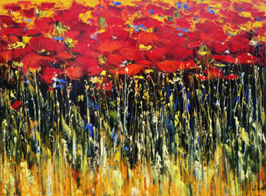 Painting titled "Field of red tulips…" by Janna, Original Artwork, Oil Mounted on Wood Stretcher frame