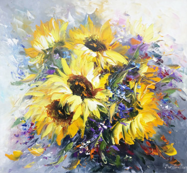 Painting titled "Sunflowers(70x60cm,…" by Janna, Original Artwork, Oil Mounted on Wood Stretcher frame