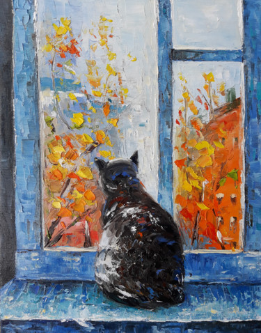 Painting titled "Cat (24x30cm, oil p…" by Janna, Original Artwork, Oil Mounted on Wood Stretcher frame