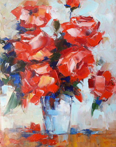 Painting titled "Still life -roses (…" by Janna, Original Artwork, Oil Mounted on Wood Stretcher frame