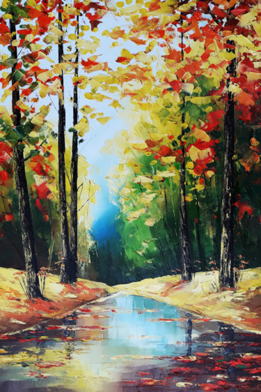 Painting titled "Autumn (60x40cm, oi…" by Janna, Original Artwork, Oil Mounted on Wood Stretcher frame