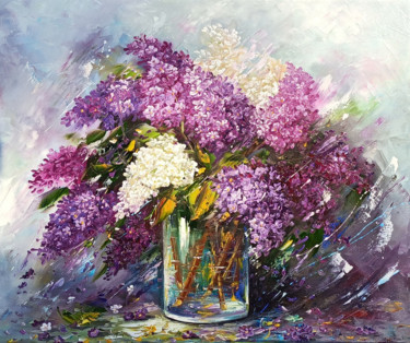 Painting titled "Lilacs (70x60cm, oi…" by Janna, Original Artwork, Oil Mounted on Wood Stretcher frame