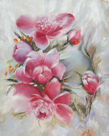 Painting titled "Flowers (50x40cm, o…" by Janna, Original Artwork, Oil Mounted on Wood Stretcher frame